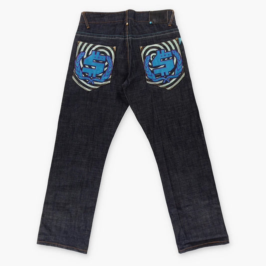 SMACKS Y2K 'S' Embroidered Blue Swirl Dark Wash Jeans (34) Vintage Sole Melbourne