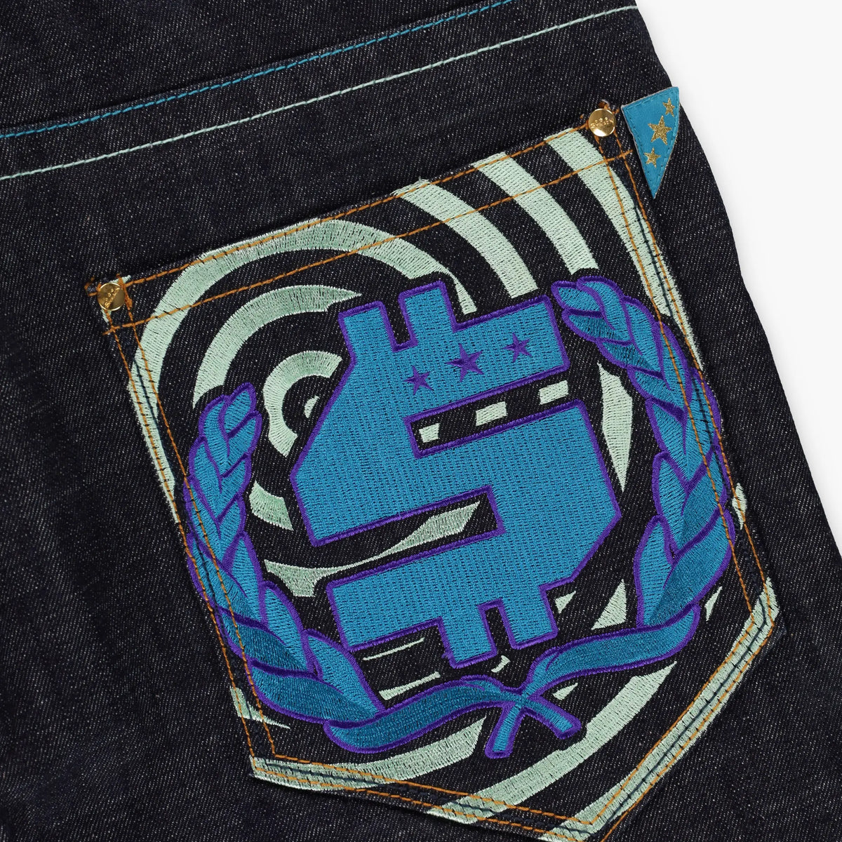 SMACKS Y2K 'S' Embroidered Blue Swirl Dark Wash Jeans (34) Vintage Sole Melbourne