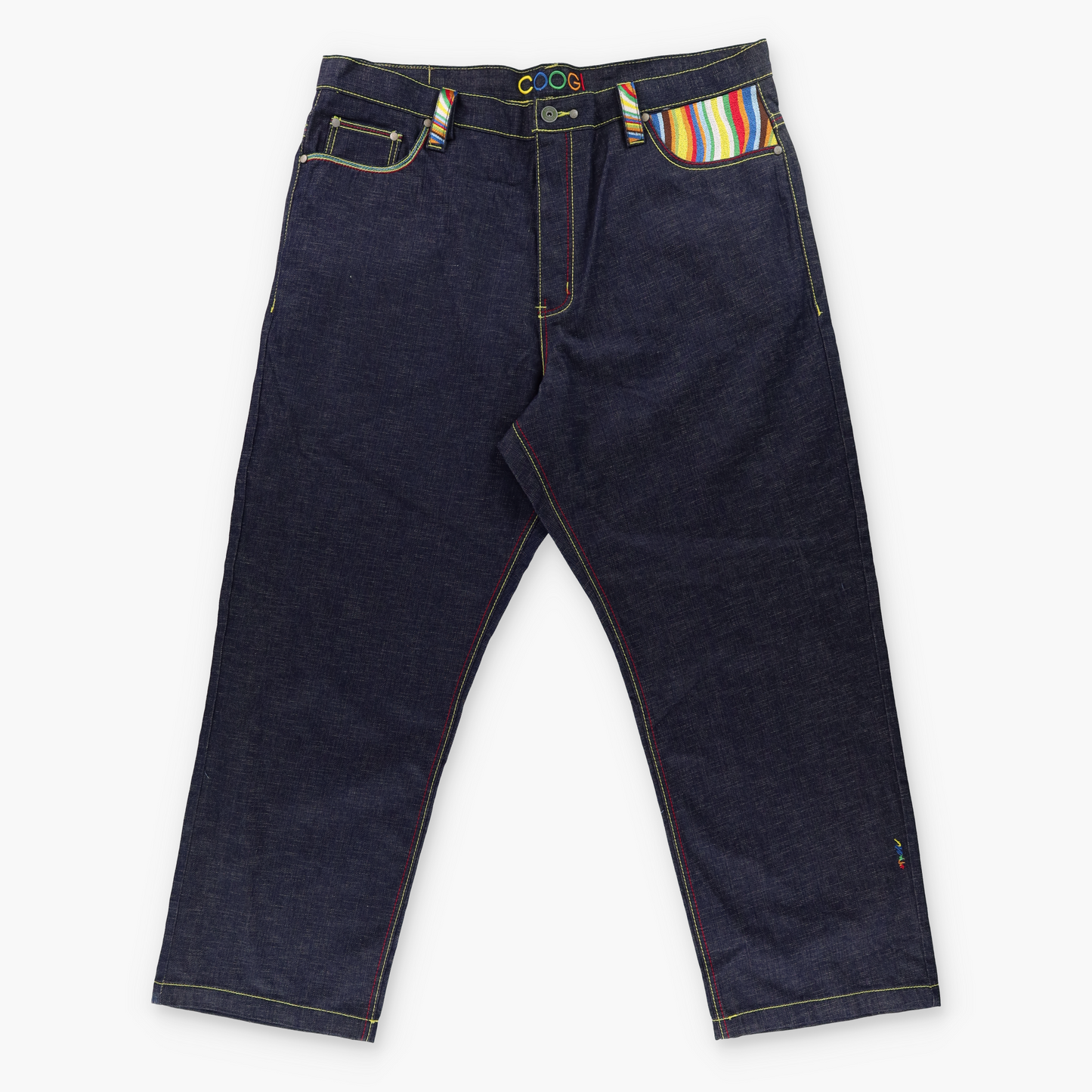 COOGI Rainbow Embroidered Coloured Stitching Dark Wash Jeans (44 x 34)