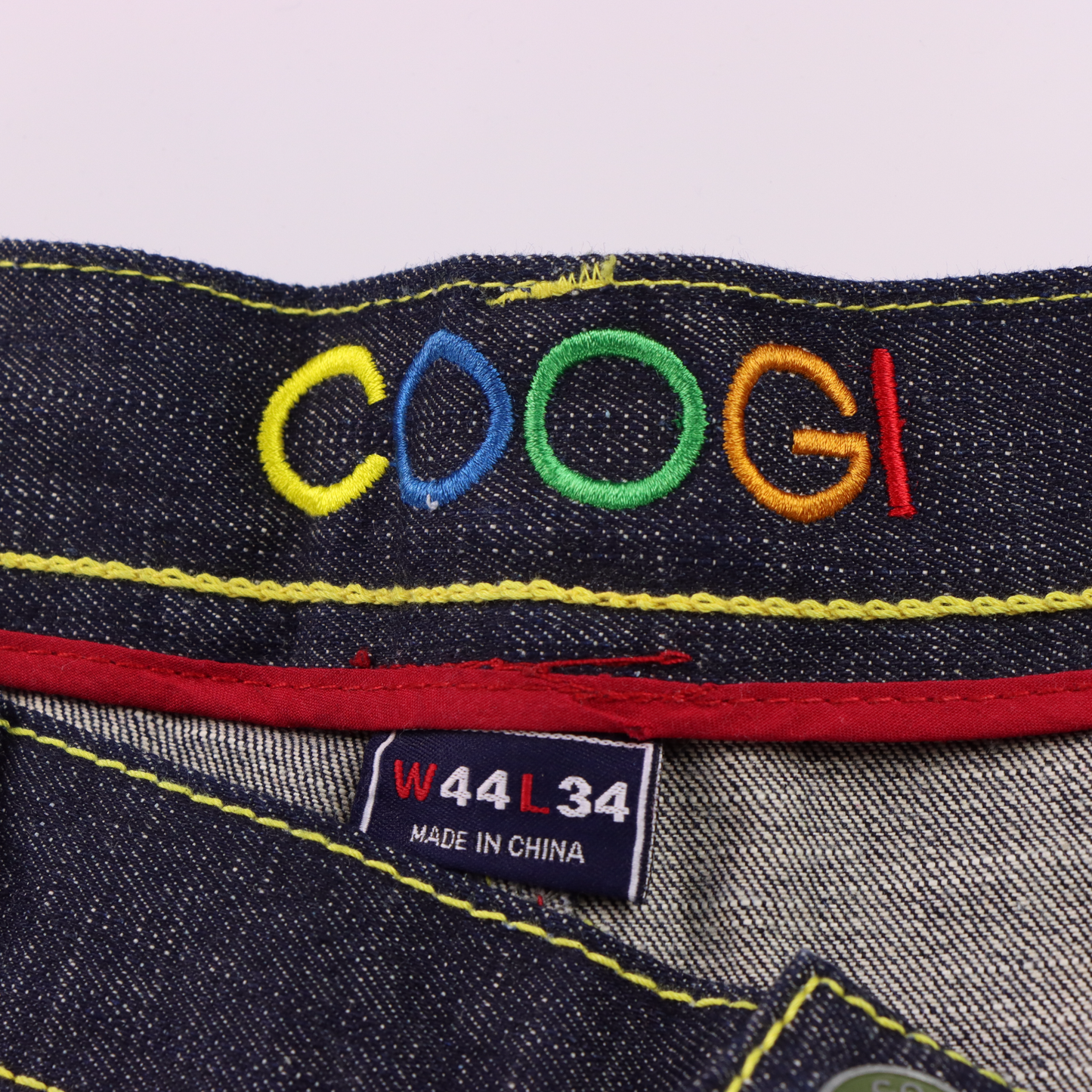 COOGI Rainbow Embroidered Coloured Stitching Dark Wash Jeans (44 x 34)