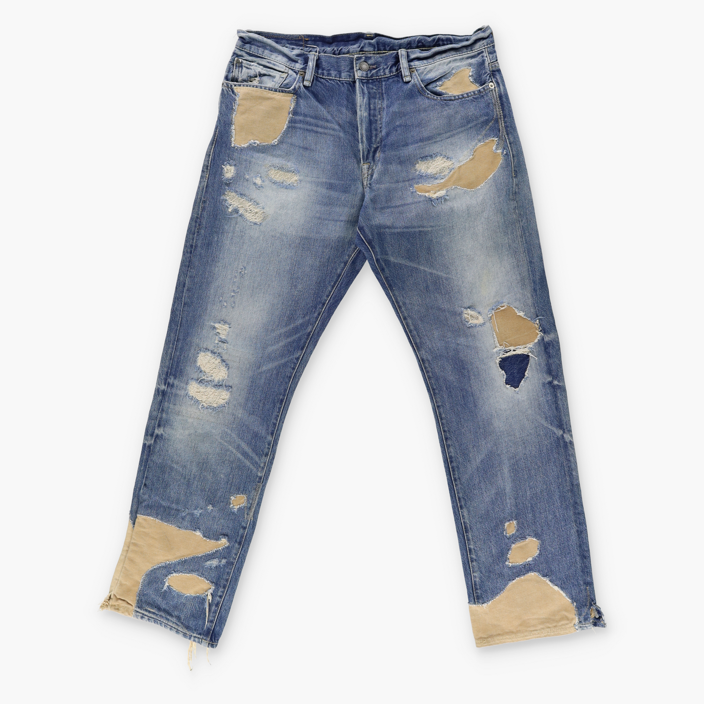 RALPH LAUREN DENIM & SUPPLY 'Straight' Distressed Tan Patchwork Blue Wash Jeans (31)