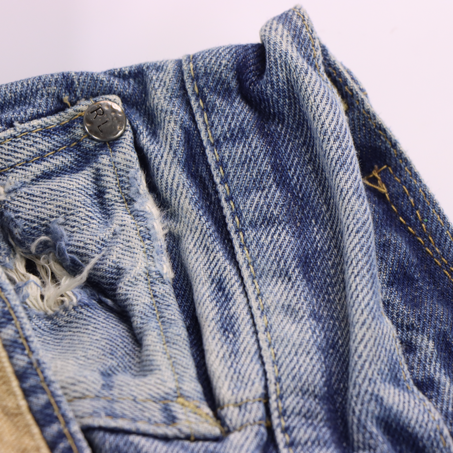RALPH LAUREN DENIM & SUPPLY 'Straight' Distressed Tan Patchwork Blue Wash Jeans (31)