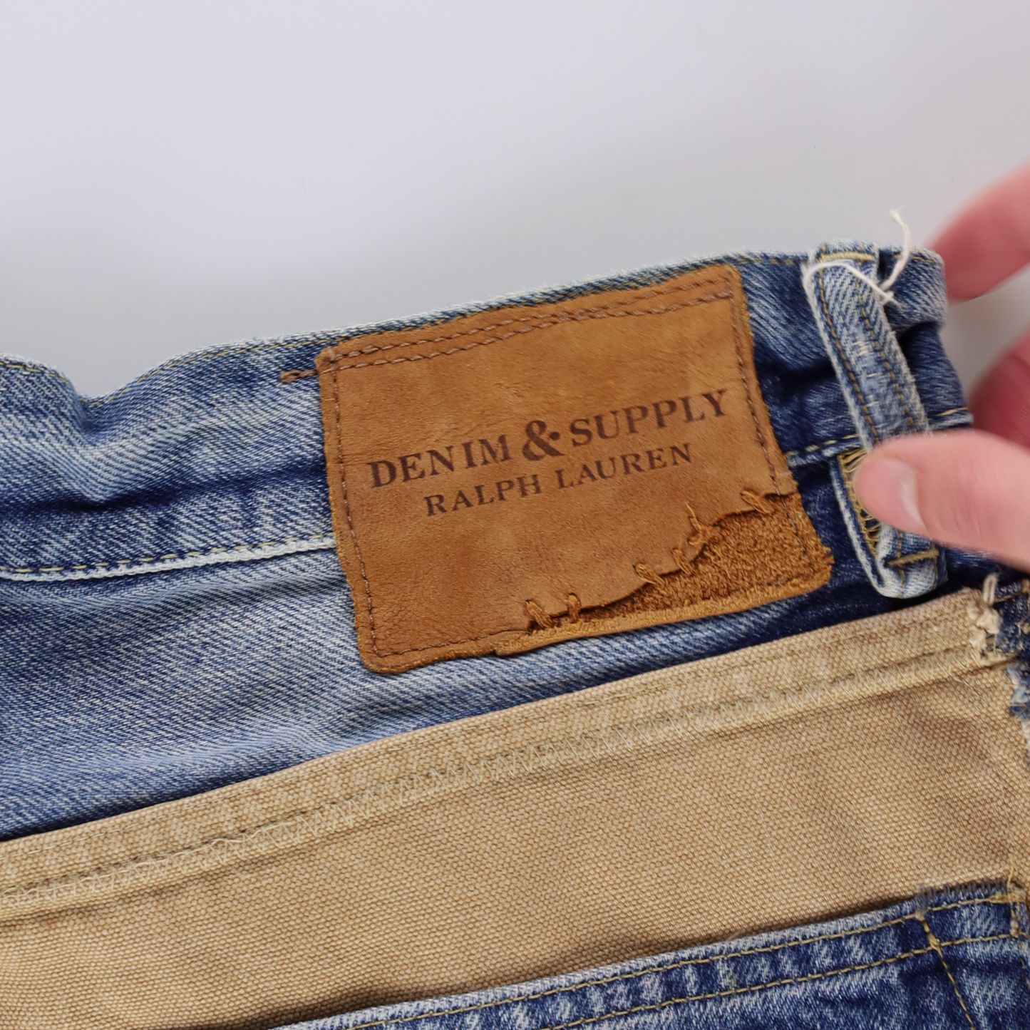 RALPH LAUREN DENIM & SUPPLY 'Straight' Distressed Tan Patchwork Blue Wash Jeans (31)