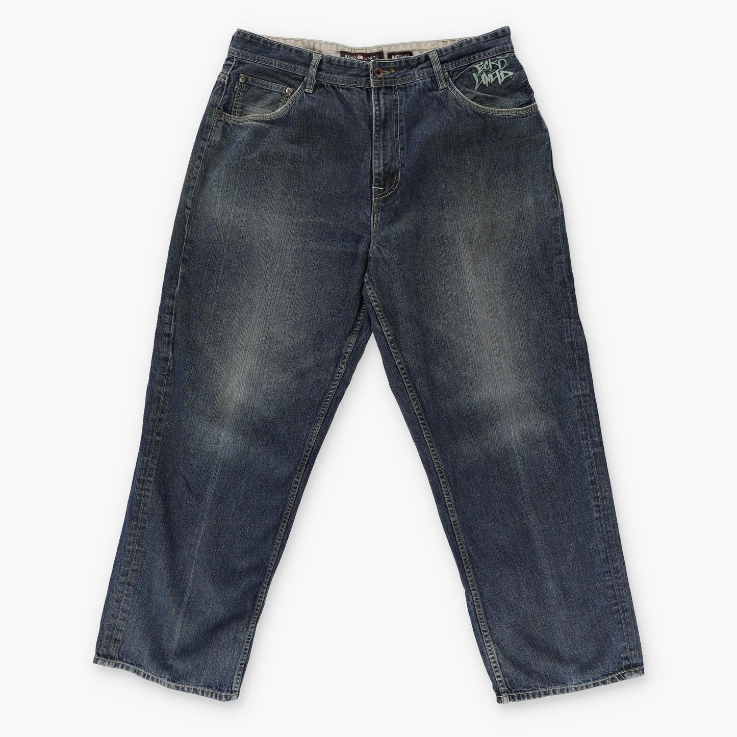 ECKO UNLTD 'Baggy Fit' Green & Blue Embroidered Logo Faded Blue Jeans (40)