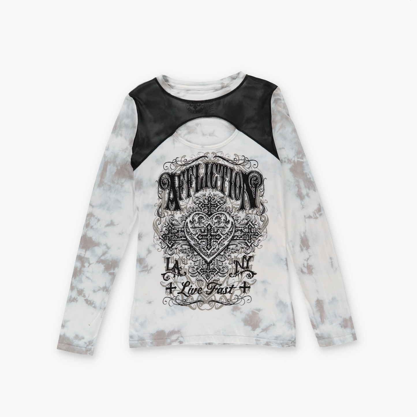 AFFLICTION Y2K Grunge Tie-Dye Mesh Neckline Open Front Long Sleeve (M)