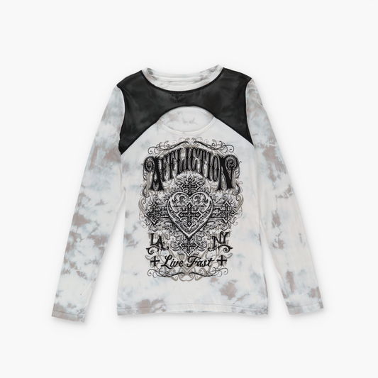 AFFLICTION Y2K Grunge Tie-Dye Mesh Neckline Open Front Long Sleeve (M)