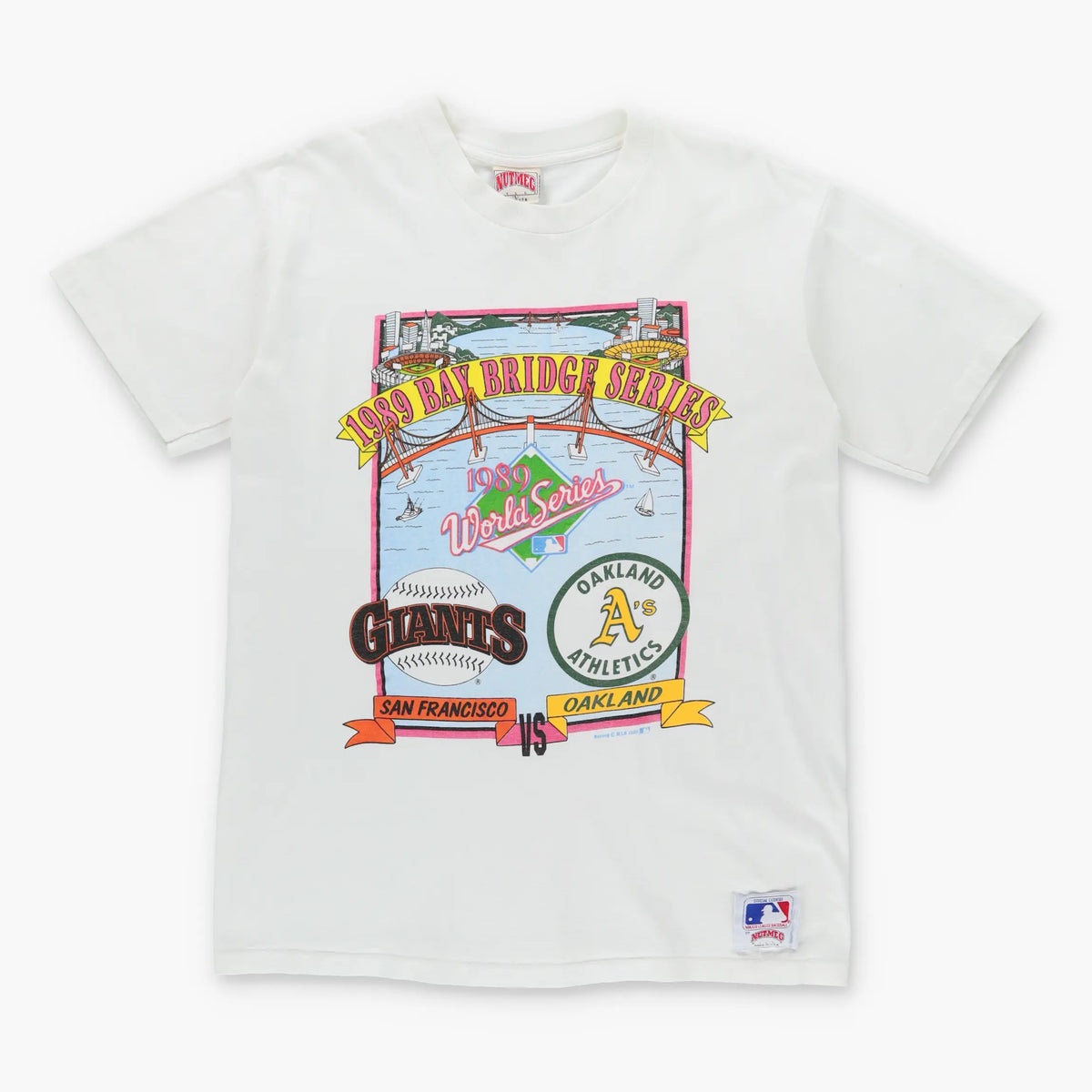 Vintage 1989 BAY BRIDGE SERIES Giants VS Athletics MLB White Single Stitch USA Made Baseball T-Shirt (L)