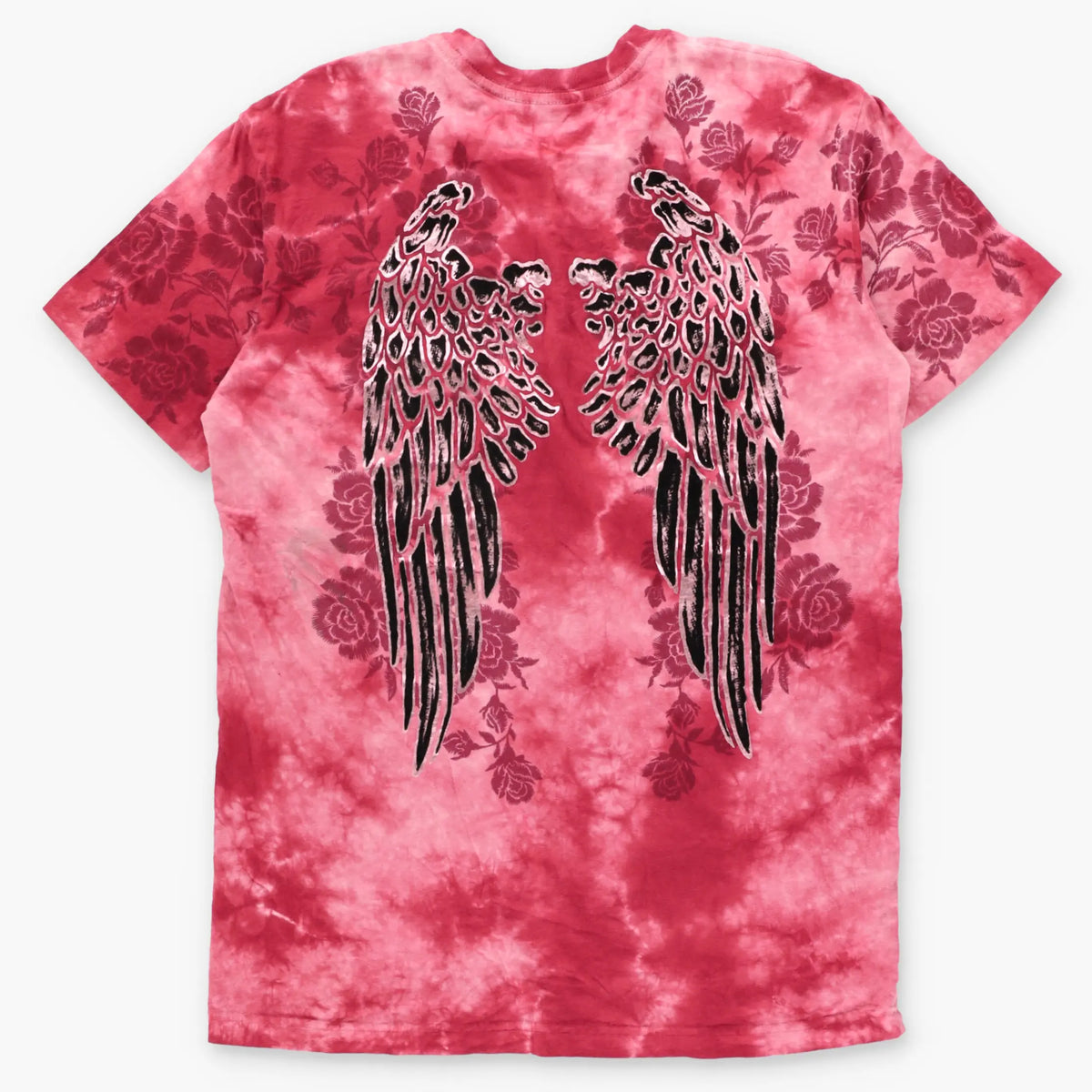 AFFLICTION Vintage Y2K Red Tie-Dye Roses Braided Detail Velvet & Pink Foil Wings Tee (M)
