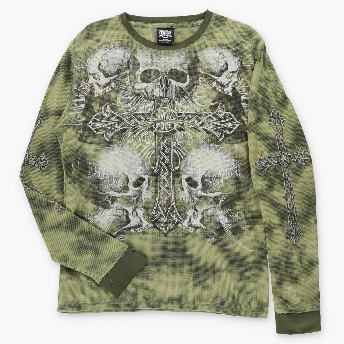 Vintage MMA ELITE Skulls & Crosses Green Waffle Knit Thermal Long Sleeve Tee (M)
