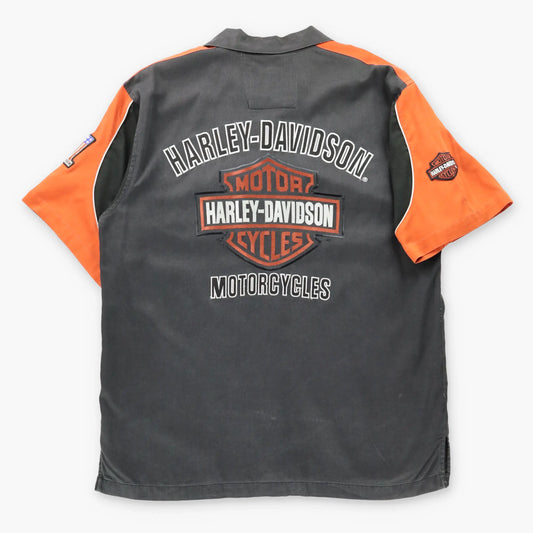 Vintage HARLEY DAVIDSON Metallic Embroidered Logo Black & Orange Button Up Shirt (L)