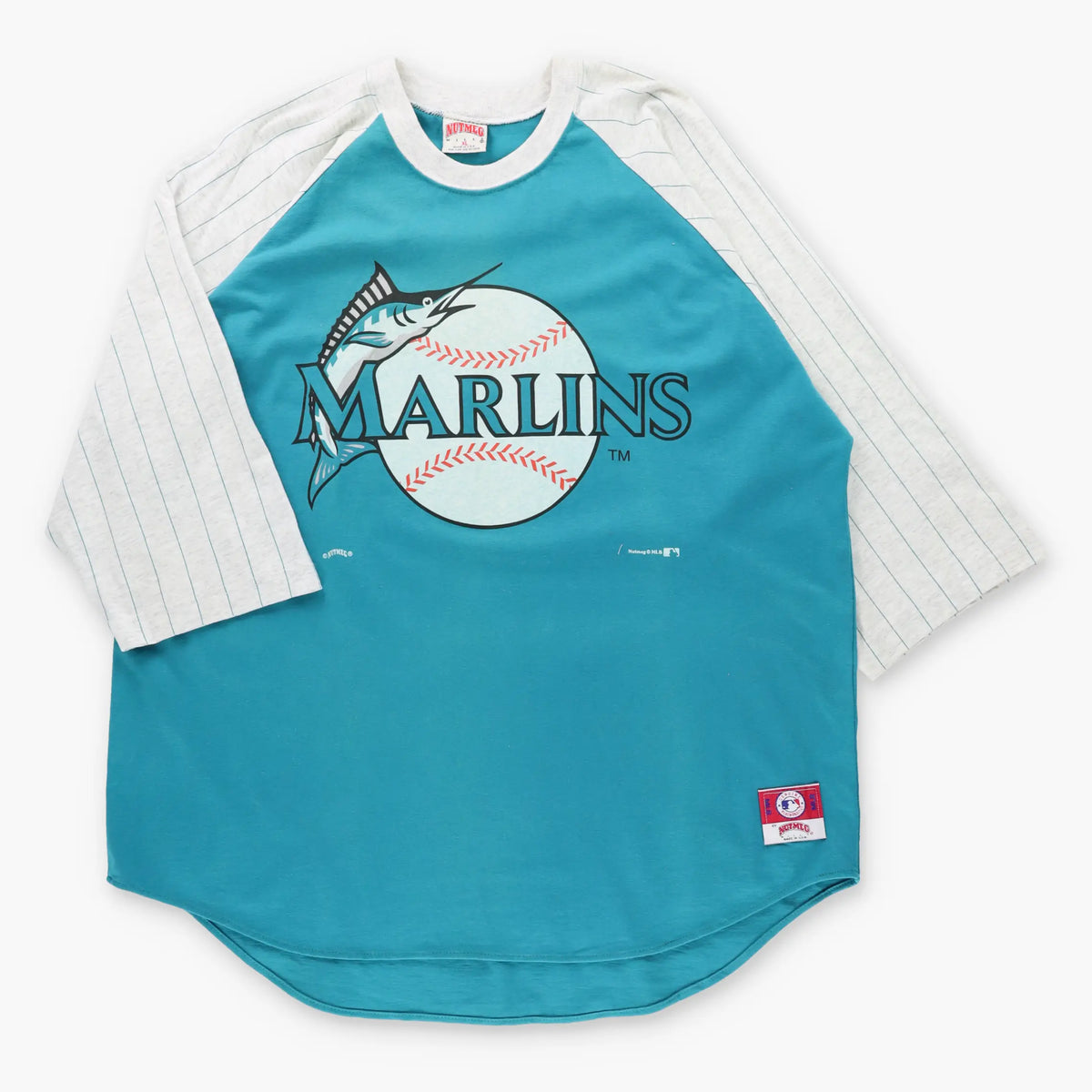 Vintage MLB Florida Marlins Shimmer Graphic USA Made Teal 3/4 Sleeve Raglan Tee (XXL)