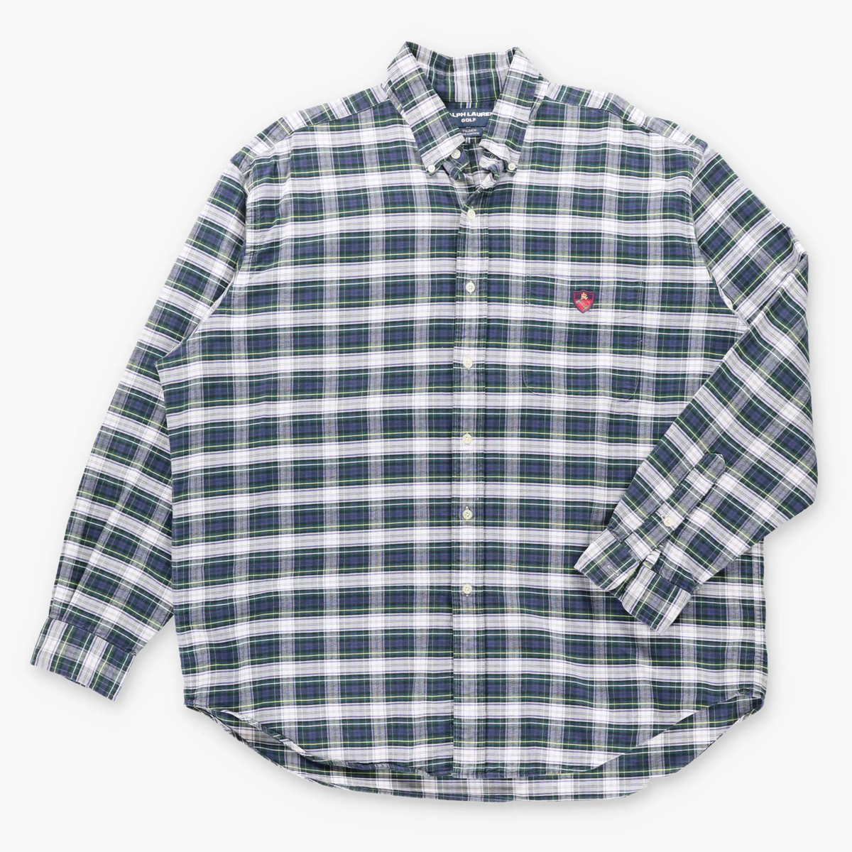 Vintage RALPH LAUREN GOLF 'Tilden' Embroidered Logo Crest Patch Blue & Green Plaid USA Made Button Down Shirt (XXL)