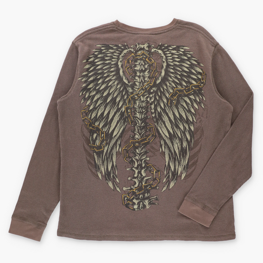 Vintage MMA ELITE Gold Foil Ribcage & Chains Brown Long Sleeve Waffle Thermal Tee (XL) Vintage Sole Melbourne