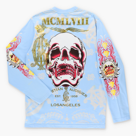 Vintage CHRISTIAN AUDIGIER "Trust" MCMVIII Light Blue & Gold Foil Paisley All Over Print Long Sleeve Tee (L-XL) Vintage Sole Melbourne