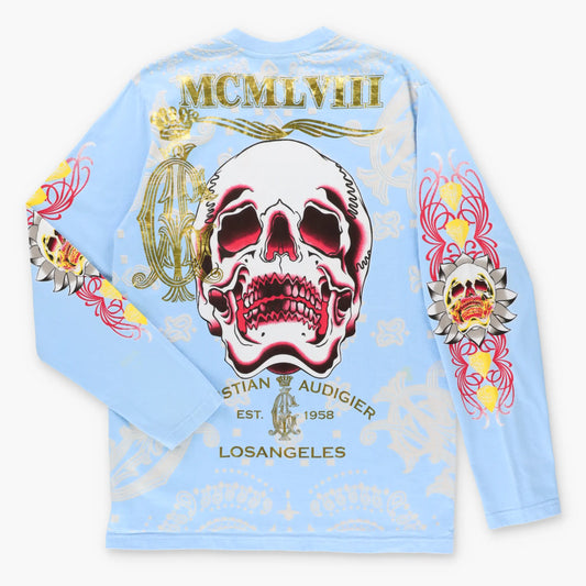 Vintage CHRISTIAN AUDIGIER "Trust" MCMVIII Light Blue & Gold Foil Paisley All Over Print Long Sleeve Tee (L-XL) Vintage Sole Melbourne