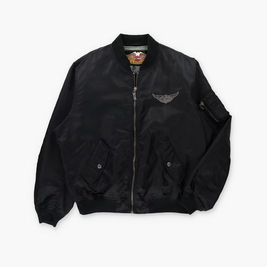 HARLEY DAVIDSON Embroidered Engine Applique Black & Gold Bomber Jacket (XL)