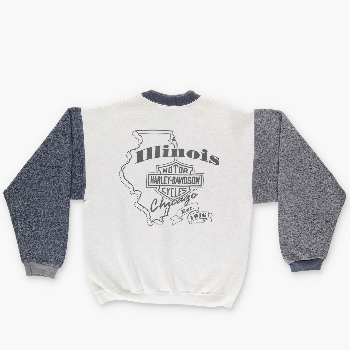 HARLEY DAVIDSON Illinois Grey USA Made Fleece Sleeve Sweatshirt (S-M)