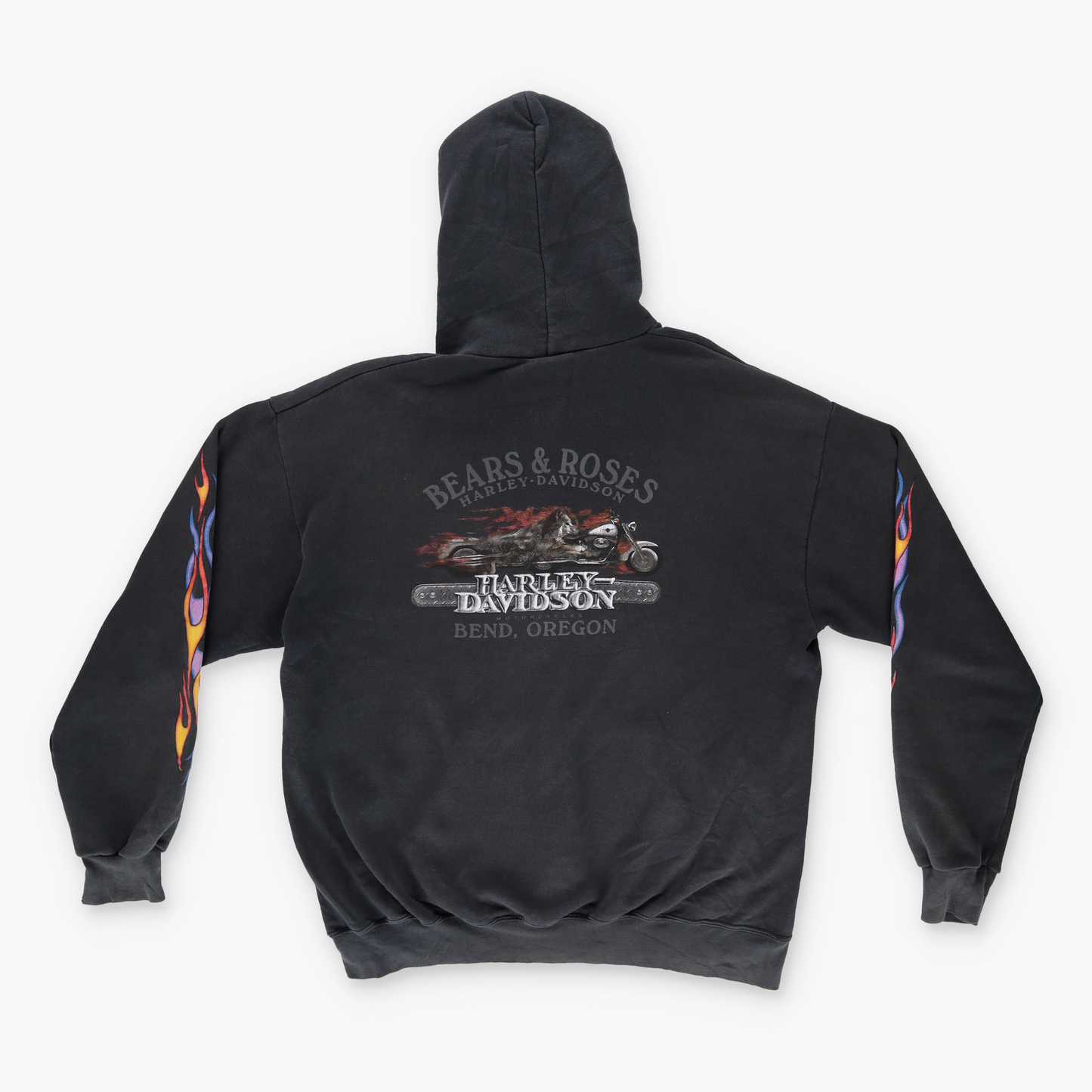 HARLEY DAVIDSON 'Bears & Roses' Flame Sleeve Graphic Hooded Zip-Up Sweatshirt (M-L)