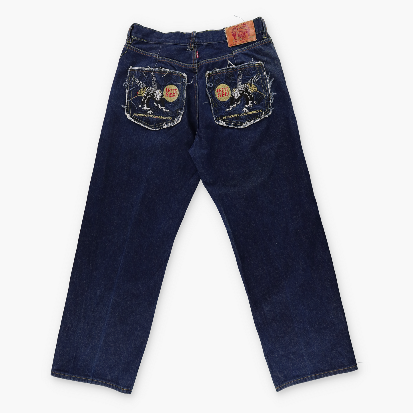 RED MONKEY Y2K 'Let It Be' Embroidered Bee Pockets Jeans (38)