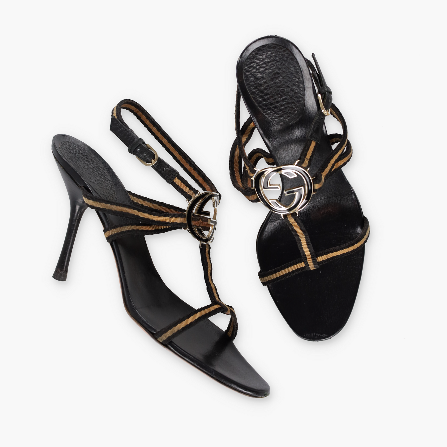 GUCCI Beige & Black Italian Made Gold GG Logo Strappy Sandal Heels (10)