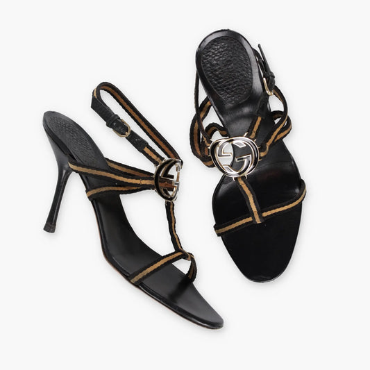 GUCCI Beige & Black Italian Made Gold GG Logo Strappy Sandal Heels (10) Vintage Sole Melbourne