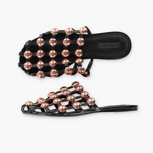 ALEXANDER WANG Black & Rose Gold Studded 'Amelia' Leather Sandals (39.5)