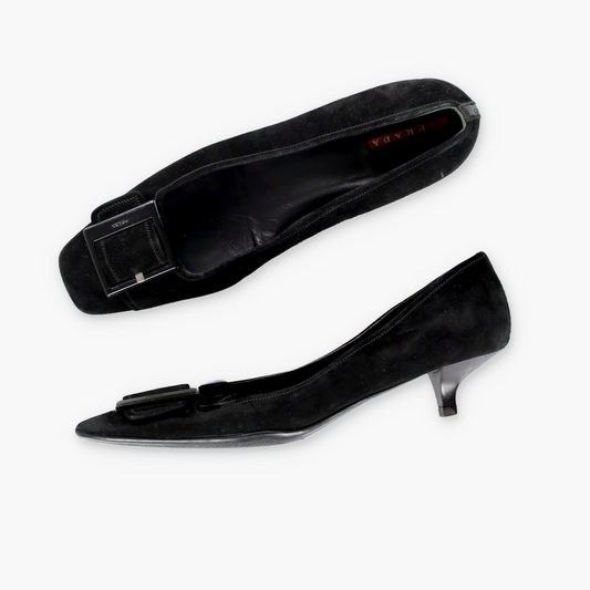 PRADA Large Buckle Detail Suede Low Kitten Heel (38.5)