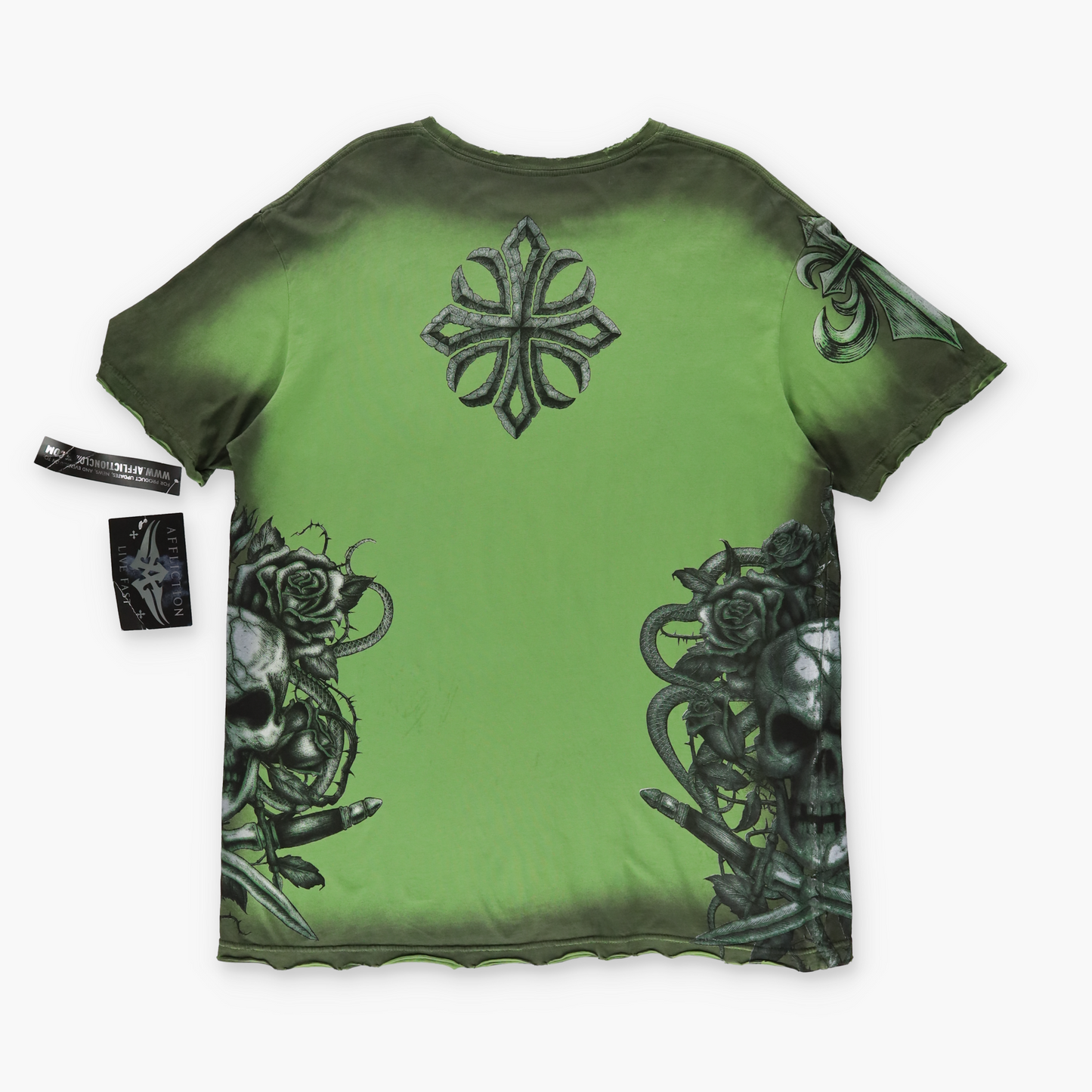 AFFLICTION Y2K Deadstock Distressed Rose Skull Green Gradient T-Shirt (XL)
