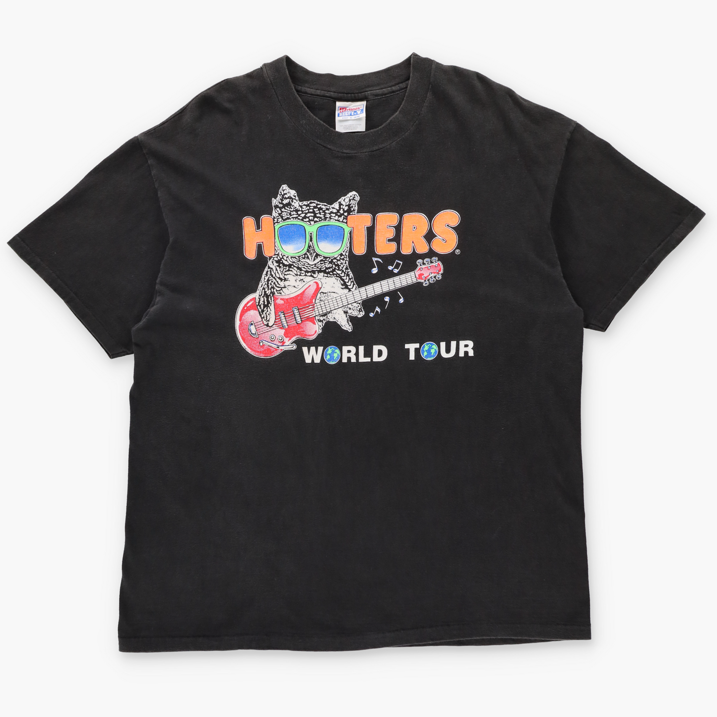 Hooters World Tour Neon Spell Out Graphic Double Sided Single Stitch Black T-Shirt USA Made (L-XL)