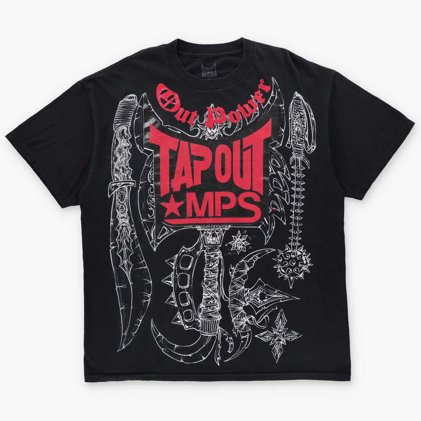 TAPOUT MPS "Out Power" Weapons & Logo Graphic Y2K Style Black & Red T-Shirt (XL)