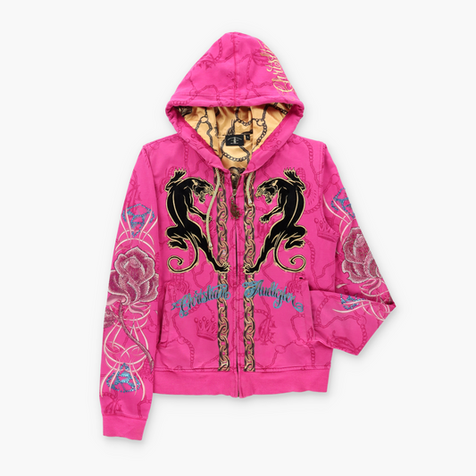 CHRISTIAN AUDIGIER Hot Pink Panthers & Rhinestone Skulls Hoodie Sweatshirt (Women's M-L)