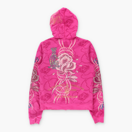 CHRISTIAN AUDIGIER Hot Pink Panthers & Rhinestone Skulls Hoodie Sweatshirt (Women's M-L)