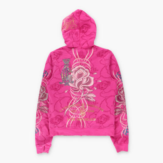 CHRISTIAN AUDIGIER Hot Pink Panthers & Rhinestone Skulls Hoodie Sweatshirt (Women's M-L) Vintage Sole Melbourne