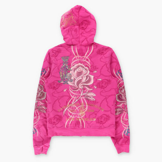 CHRISTIAN AUDIGIER Hot Pink Panthers & Rhinestone Skulls Hoodie Sweatshirt (Women's M-L) Vintage Sole Melbourne