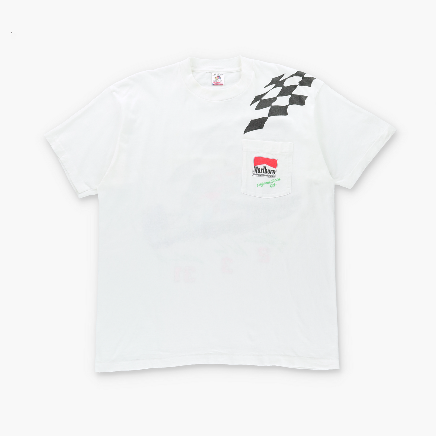 Marlboro Laguna Seca 1994 USA Made NASCAR White Front Pocket FRUIT OF THE LOOM Single Stitch Tee (XL)