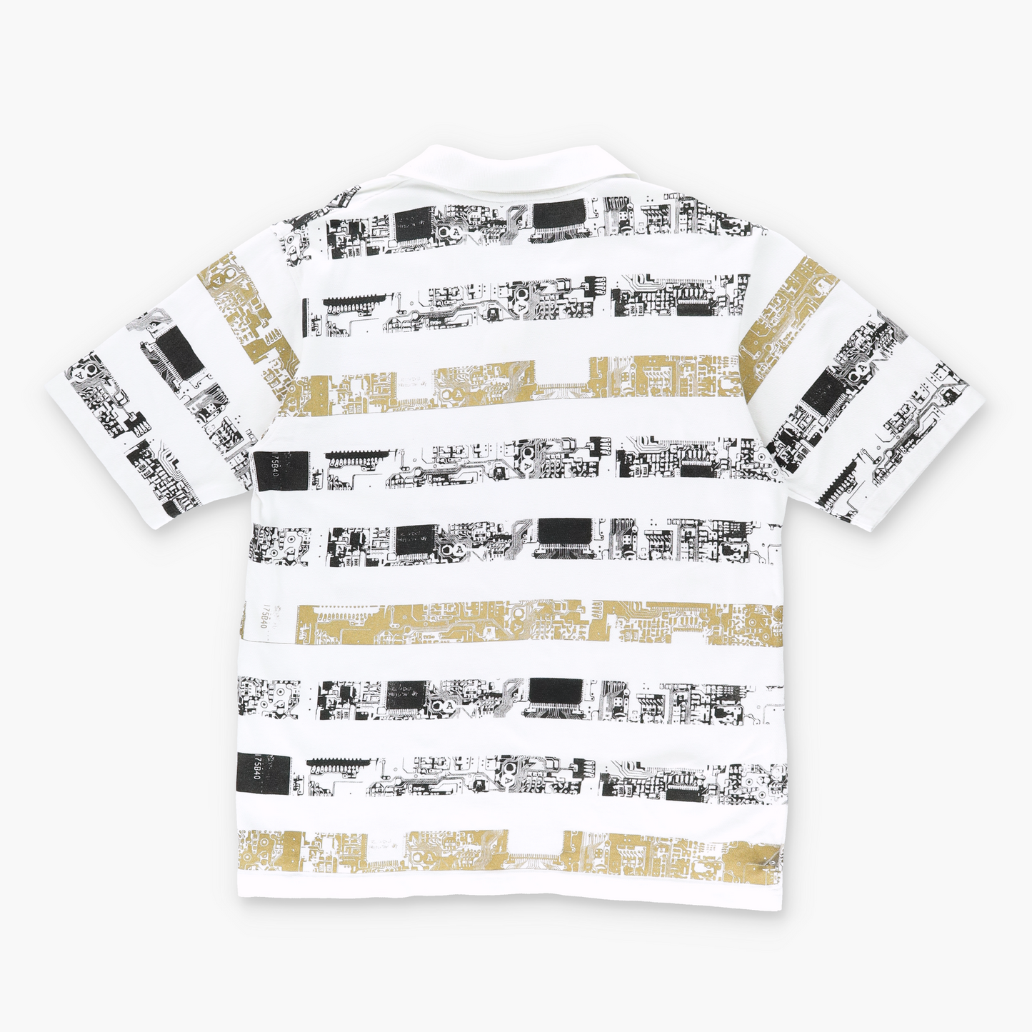 SOUTH POLE Y2K 'Star Voyage' Tech Print White & Gold Polo Tee (L)