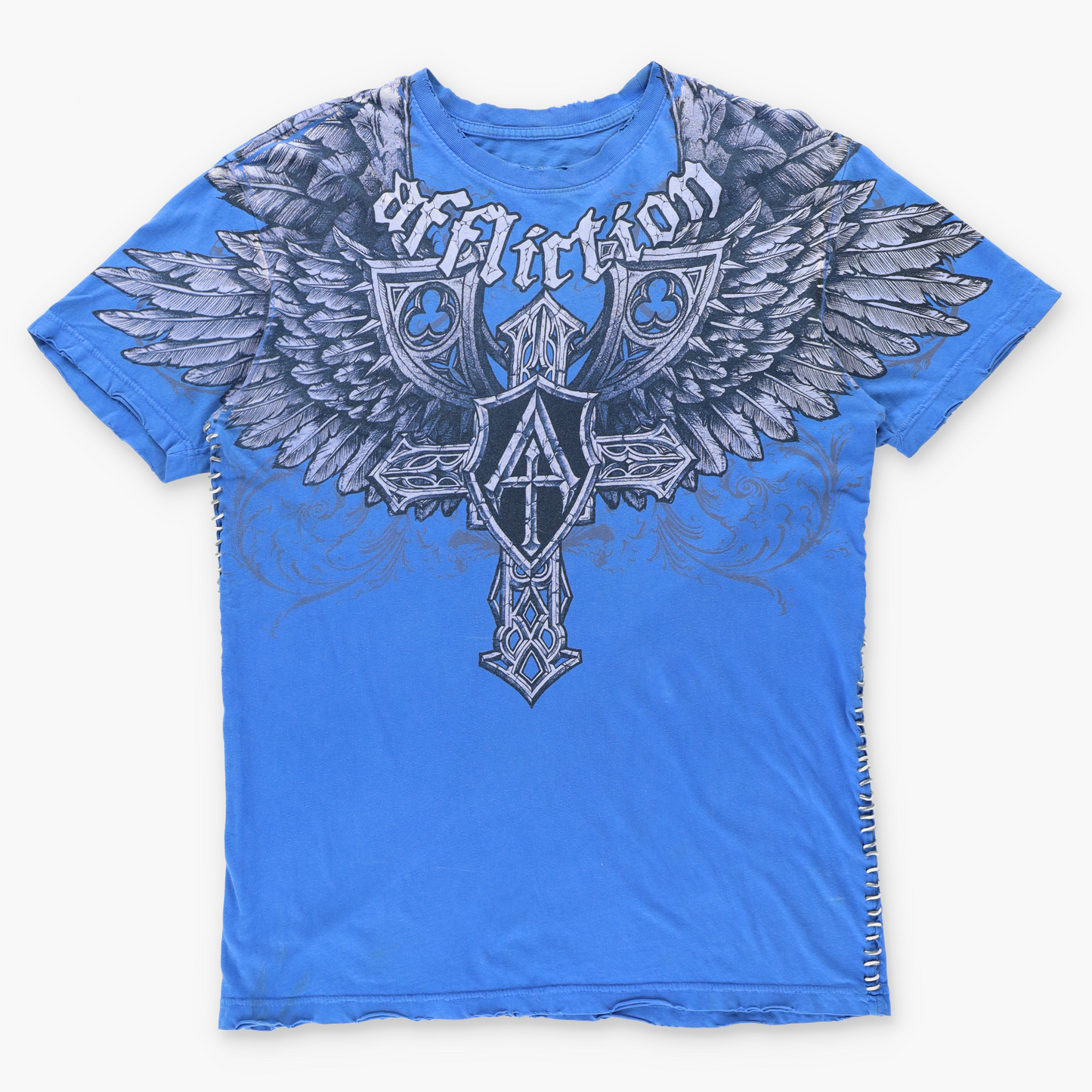 AFFLICTION Laced Up Stitch Detail Bright Blue Y2K Style USA Made Distressed Tee (L)