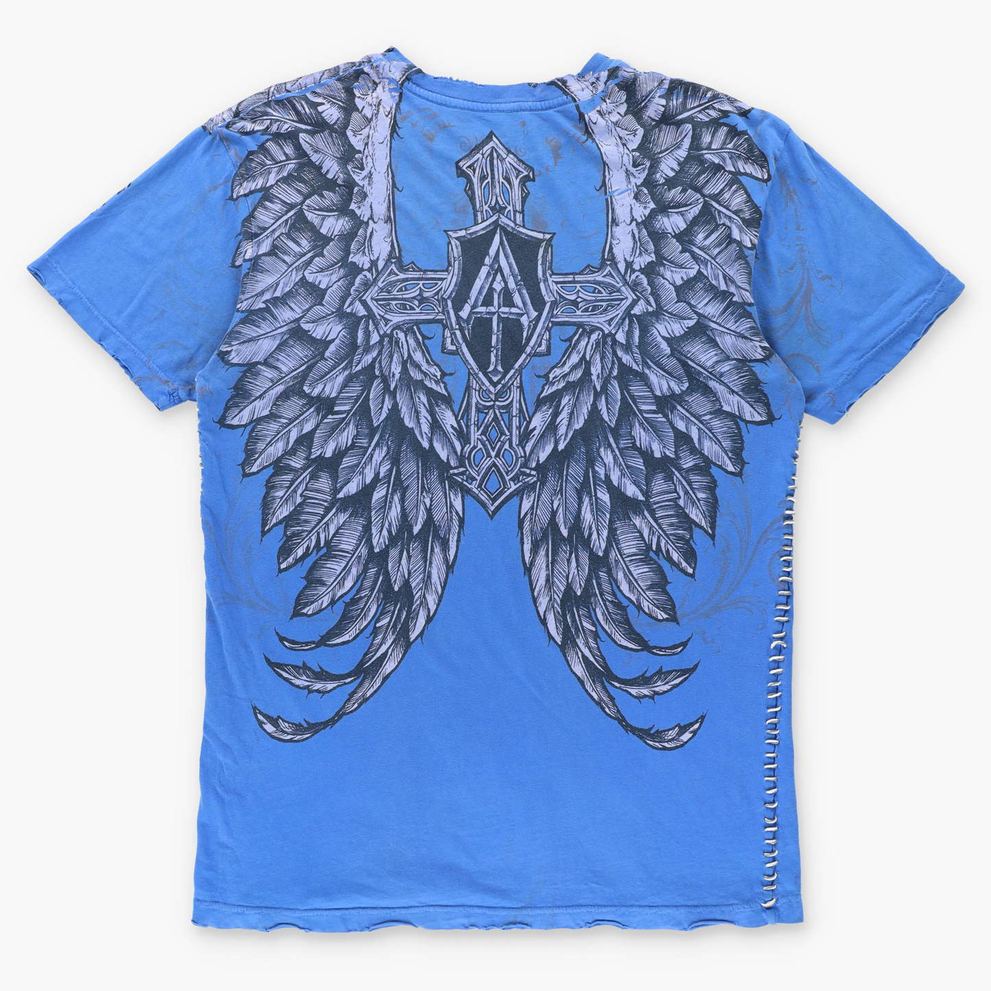 AFFLICTION Laced Up Stitch Detail Bright Blue Y2K Style USA Made Distressed Tee (L)