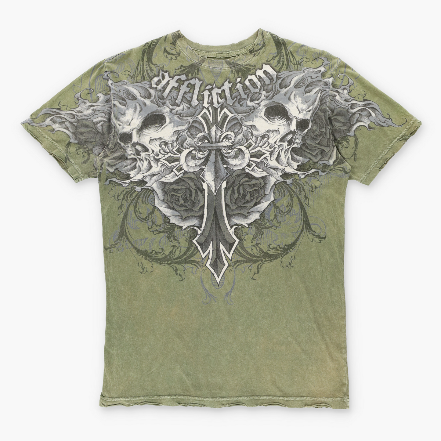 AFFLICTION Army Green Y2K Style Spell Out Distressed T-Shirt USA Made (M)