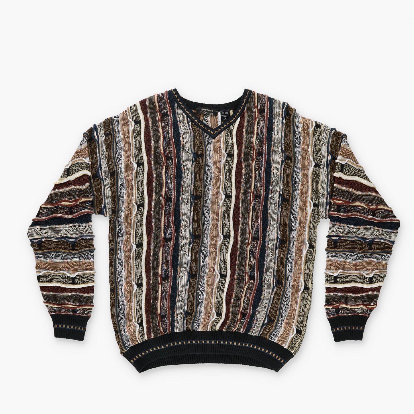 LORENZO Brown Tones Multi Coloured Coogi Style V Neck Knit Sweater (L)