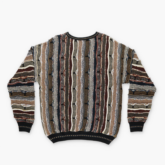 LORENZO Brown Tones Multi Coloured Coogi Style V Neck Knit Sweater (L)