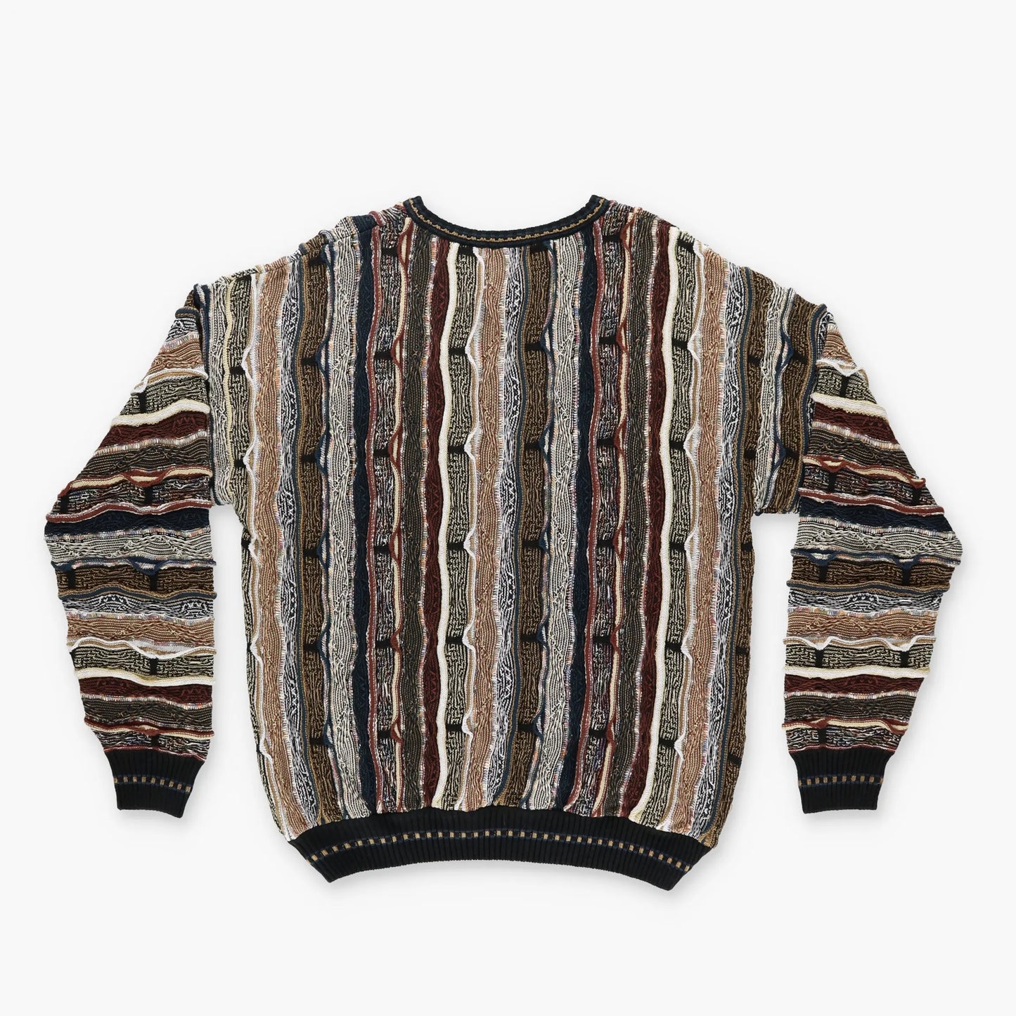 LORENZO Brown Tones Multi Coloured Coogi Style V Neck Knit Sweater (L) Vintage Sole Melbourne