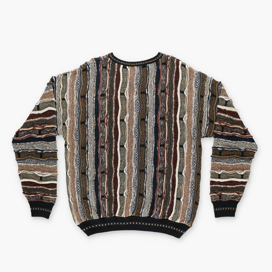 LORENZO Brown Tones Multi Coloured Coogi Style V Neck Knit Sweater (L) Vintage Sole Melbourne