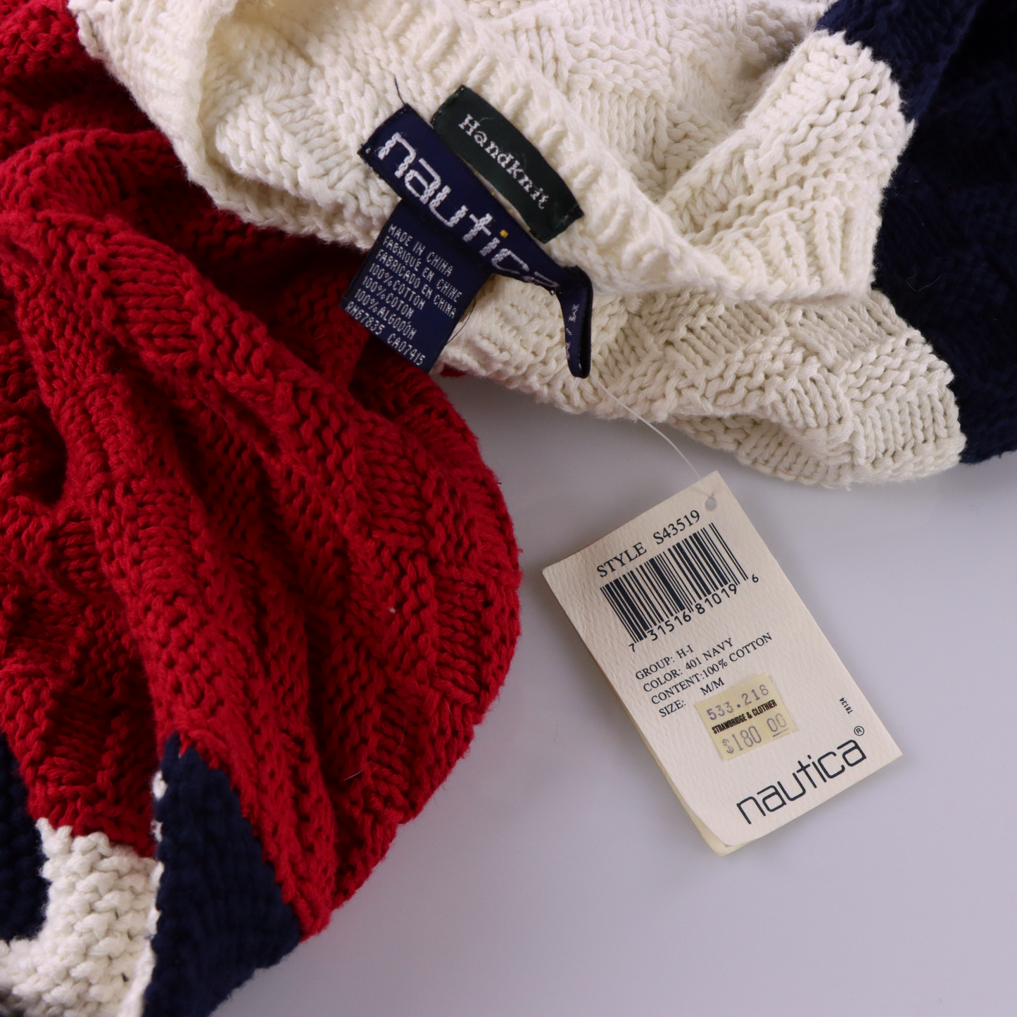 NAUTICA Tri-Colour Knitted Logo Hand Knit 100% Cotton Sweater (M-L)
