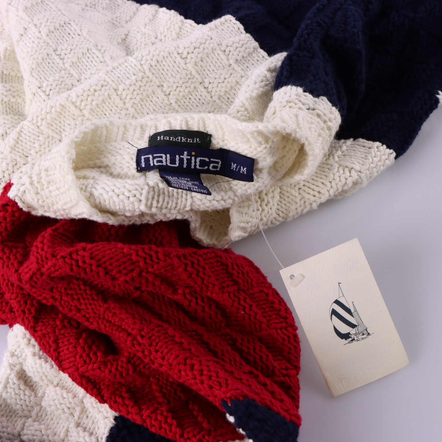 NAUTICA Tri-Colour Knitted Logo Hand Knit 100% Cotton Sweater (M-L)