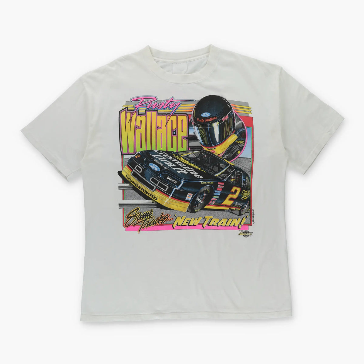 Rusty Wallace NASCAR 1994 "Same Tracks New Train" Double Sided White Vintage T-Shirt (L) Vintage Sole Melbourne