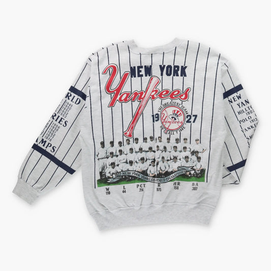 Vintage 1990 NY YANKEES MLB 'Long Gone' All Over Print Striped Baseball Sweatshirt (XL)