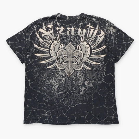 XZAVIER Rhinestone Winged Skulls & Sword All Over Print Black Y2K Tee (L-XL)