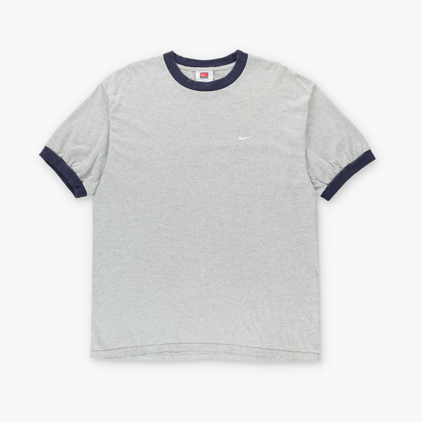 NIKE Light Grey & Navy Embroidered Swoosh Logo Ringer Tee (L-XL)