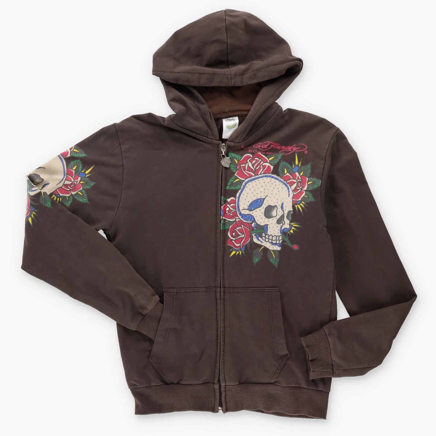 ED HARDY X CHRISTIAN AUDIGIER Y2K Bedazzled Skull Rose USA Made Jacket (XS)